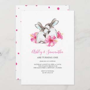 1er Anniversaire Invitations Twins Girl Pink Woodl