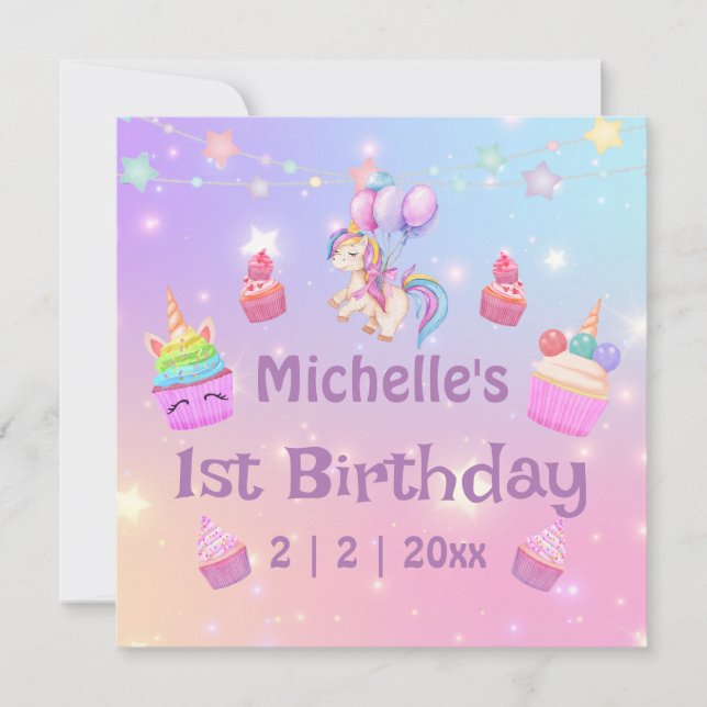 1er anniversaire licornes cupcakes girly carte de  (Devant)