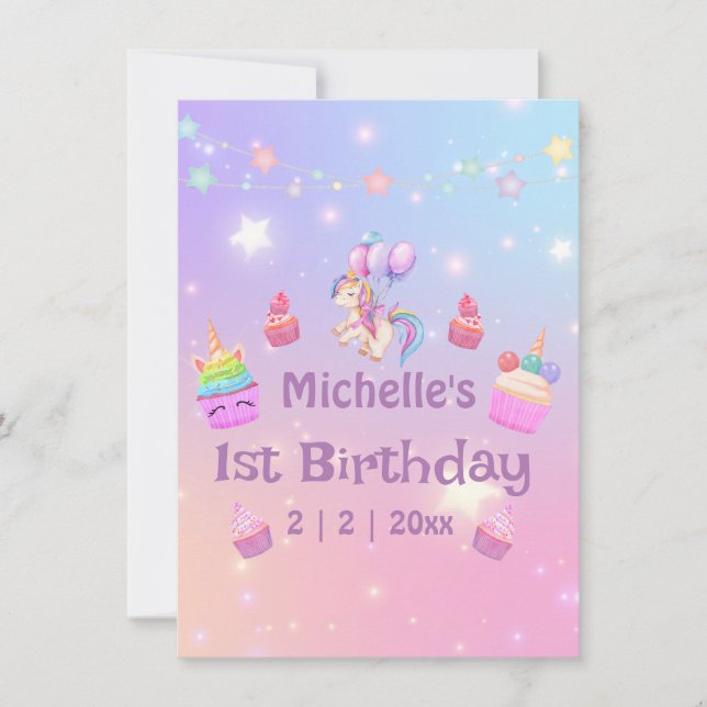 1er anniversaire licornes cupcakes girly carte de  (Devant)