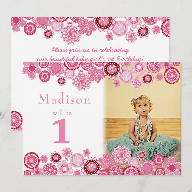 1er anniversaire Pink Party Invitation Carte photo (Devant / Derrière)