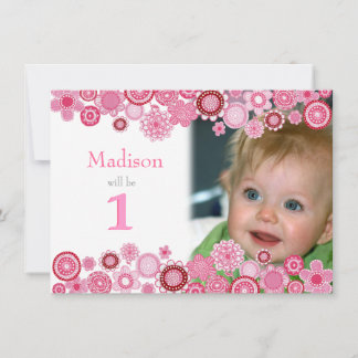 1er anniversaire Pink Party Invitation Carte photo