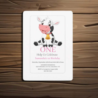 1er anniversaire Pink White Baby Cow Invitation