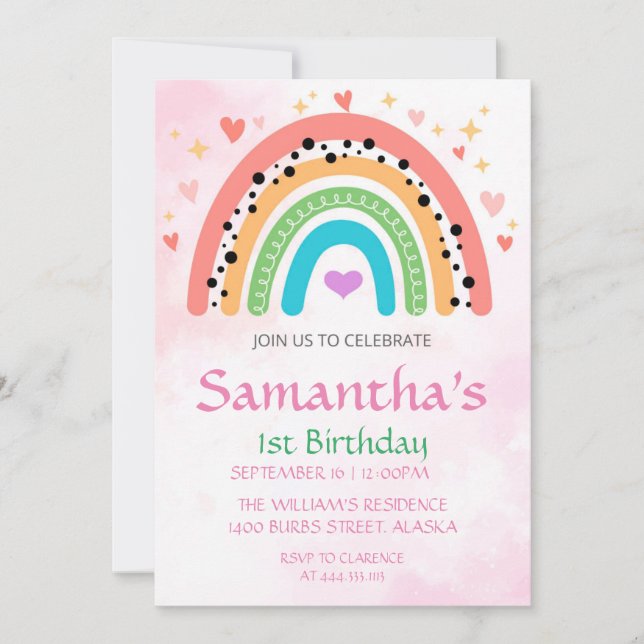 1er anniversaire Rainbow Hearts Girly Invitation (Devant)