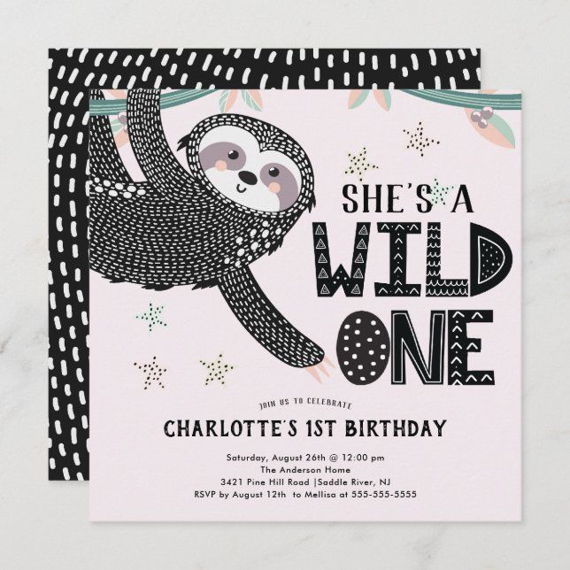 1er anniversaire Sloth Birthday Invitation (Devant / Derrière)