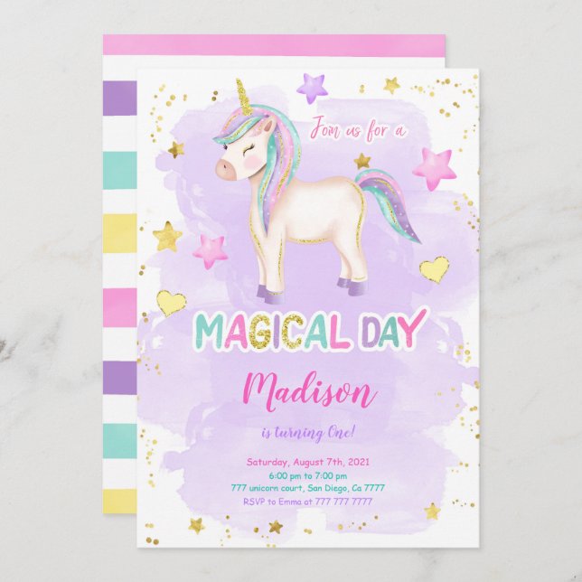 1er anniversaire Unicorn Invitation (Devant / Derrière)