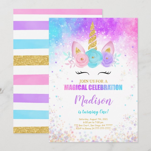 1er anniversaire Unicorn Party Invitation (Devant / Derrière)