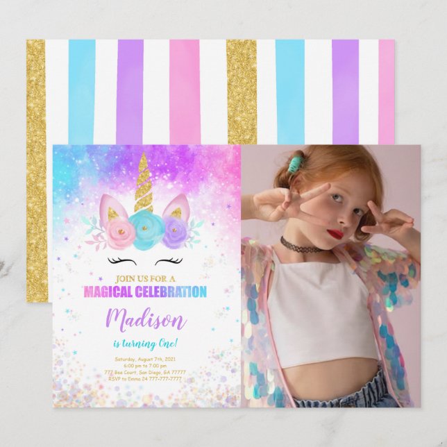 1er anniversaire Unicorn Party Photo Invitation (Devant / Derrière)