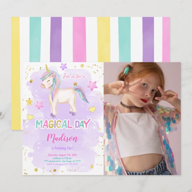 1er anniversaire Unicorn Photo Invitation (Devant / Derrière)