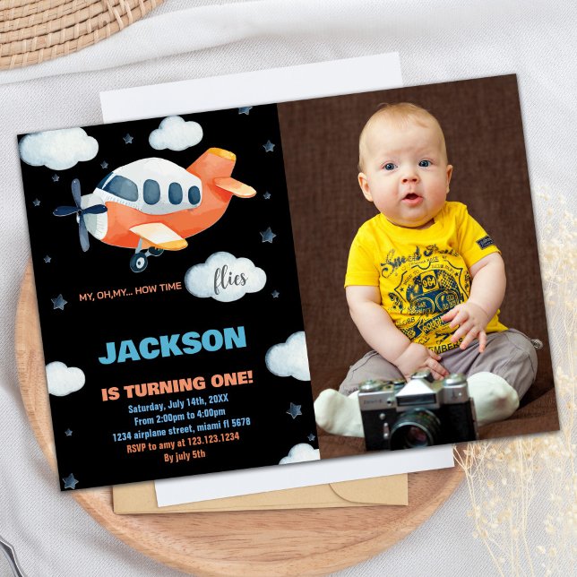 1er avion Anniversaire Invitations Orange avec pho (1st Airplane Birthday Invitations Orange w photo)