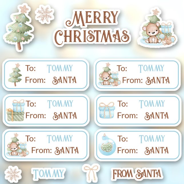 1er Noël Nom Bleus Étiquettes Kiss Cut Stickers (1st Christmas Name Blue Labels Kiss Cut Stickers)