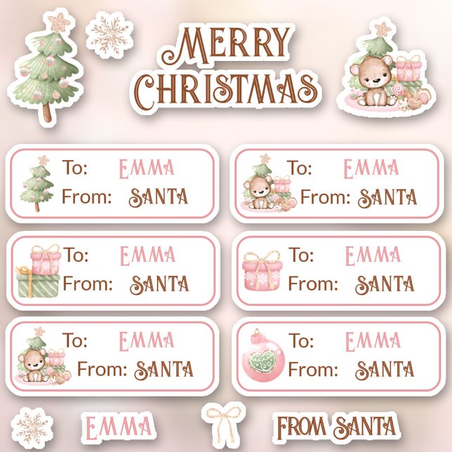 1er Noël Nom Étiquettes roses Stickers Kiss Cut (1st Christmas Name Pink Labels Kiss Cut Stickers)