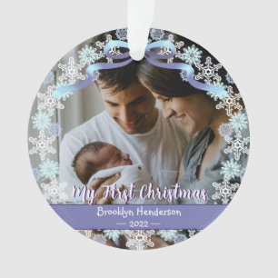 1er Noël Nouveau bébé Nom photo Bleu clair pourpre