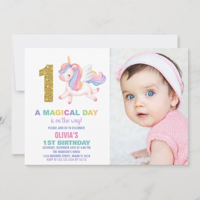 1er Rainbow Unicorn Anniversaire Invitations avec  (Devant)