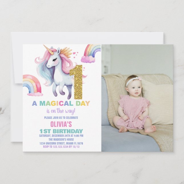 1er Rainbow Unicorn Anniversaire Invitations avec  (Devant)