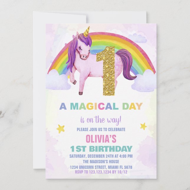 1er Rainbow Unicorn Anniversaire Invitations Cloud (Devant)