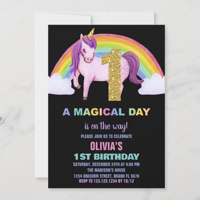 1er Rainbow Unicorn Birthday Invitations Parties s (Devant)