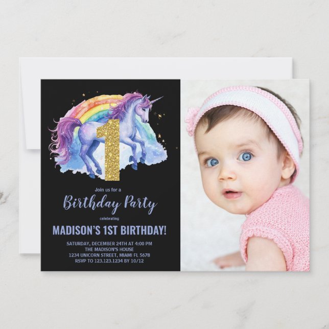 1er Rainbow Unicorn Birthday Invitations photo (Devant)