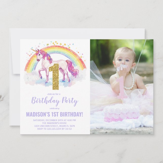 1er Rainbow Unicorn Birthday Invitations photo (Devant)