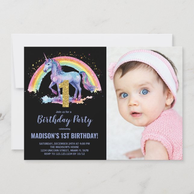 1er Rainbow Unicorn Birthday Invitations photo (Devant)