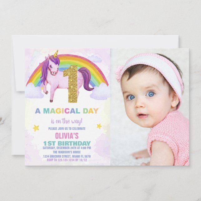 1er Rainbow Unicorn Birthday Invitations photo (Devant)