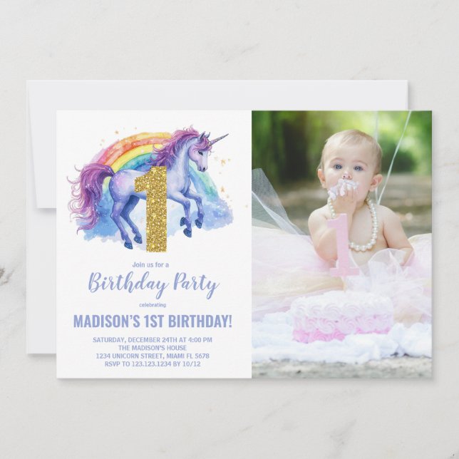 1er Rainbow Unicorn Birthday Invitations photo (Devant)
