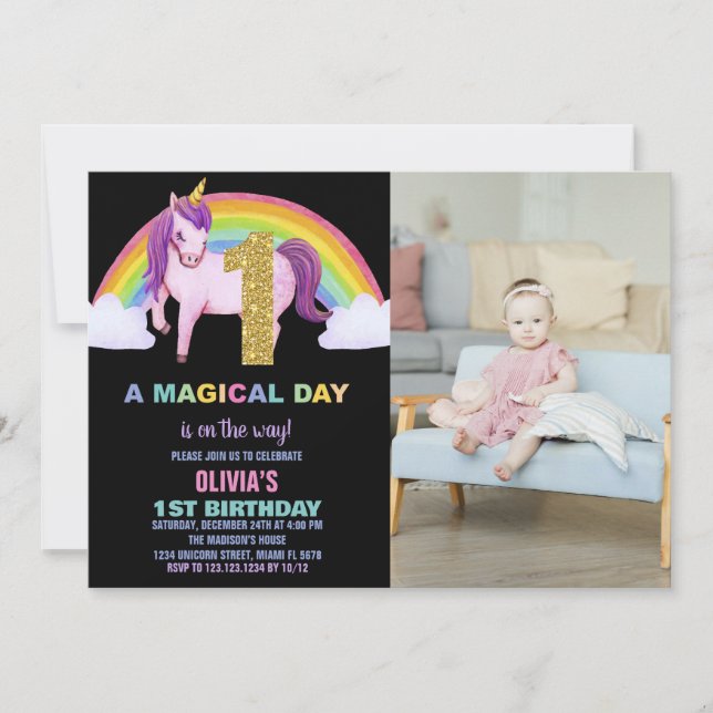 1er Rainbow Unicorn Birthday Invitations photo (Devant)
