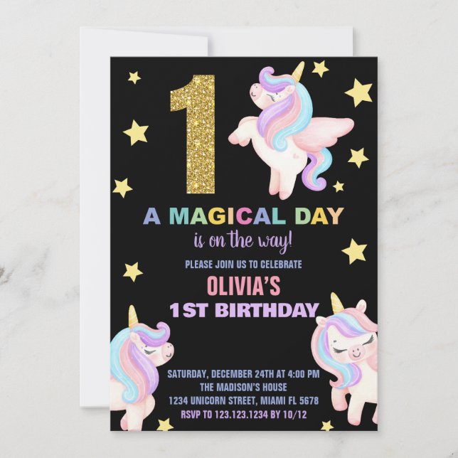 1er Rainbow Unicorn Invitations Anniversaire Vol (Devant)
