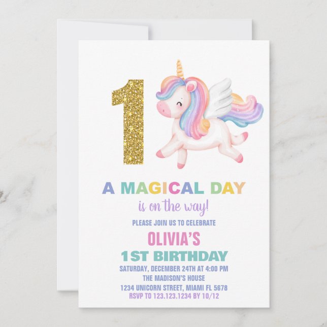 1er Rainbow Unicorn Invitations d'anniversaire (Devant)