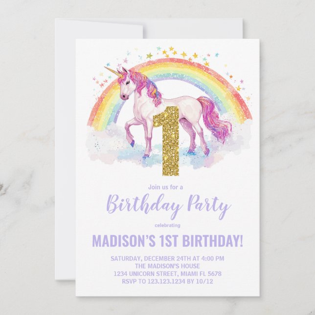 1er Rainbow Unicorn Invitations d'anniversaire (Devant)