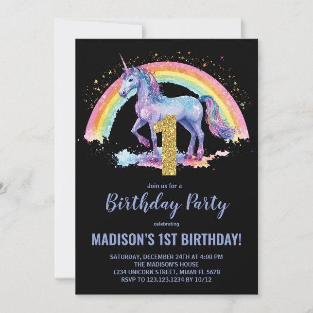 1er Rainbow Unicorn Invitations d'anniversaire (Devant)