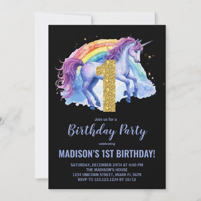 1er Rainbow Unicorn Invitations d'anniversaire (Devant)