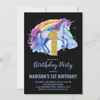 1er Rainbow Unicorn Invitations d'anniversaire