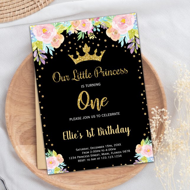 1ère Black Floral Princess Invitation Anniversaire (1st Black Floral Princess Birthday Invitation)