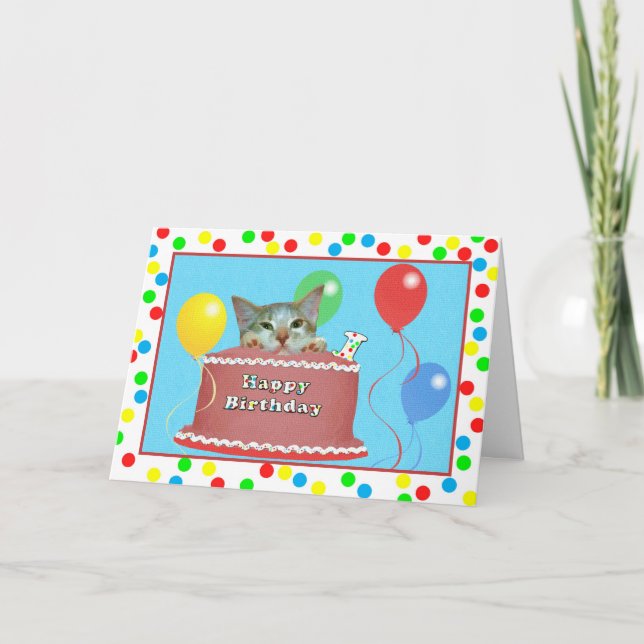 1ère carte d'anniversaire avec chat sur un gâteau (Devant)