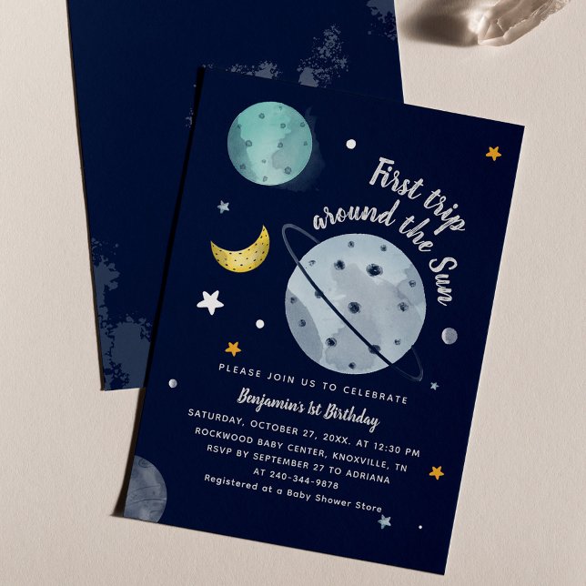1ère excursion autour du Soleil Extérieur Annivers (Outer Space 1st Birthday Party Navy Blue Invitation)