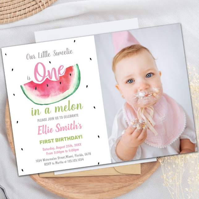 1ère Fraise d'Anniversaire Invitations avec photo (1st Watermelon Birthday Invitations w photo)