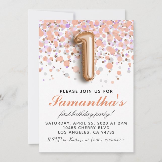 1ère Invitation d'anniversaire Rose Gold (Devant)