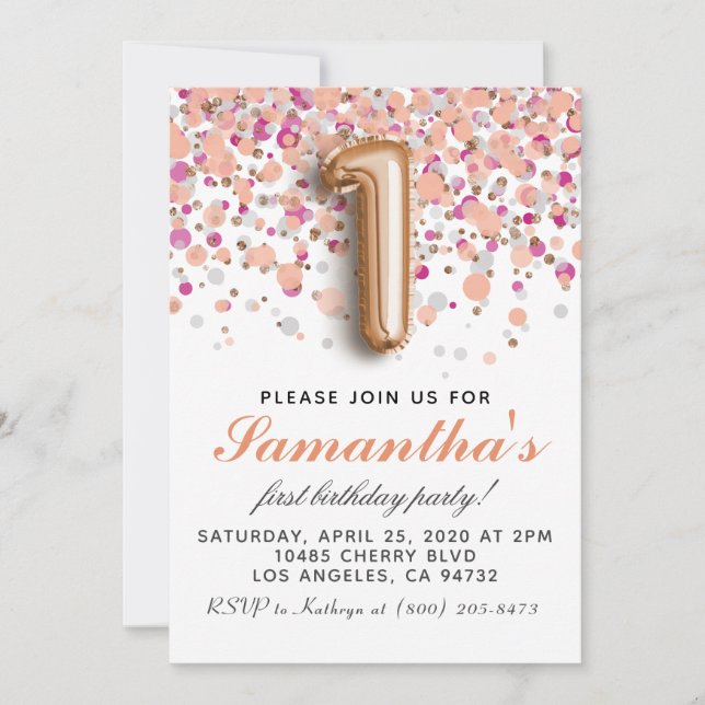 1ère Invitation d'anniversaire Rose Gold (Devant)
