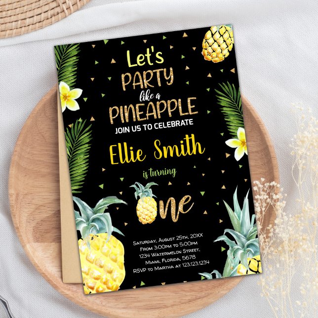 1ère Invitations d'anniversaire d'ananas noir (1st Black Pineapple Birthday Invitations)