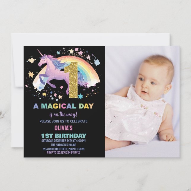 1ère Unicorn Invitations d'anniversaire avec photo (Devant)