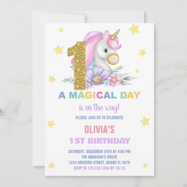 1ère Unicorne Florale Invitations d'anniversaire (Devant)