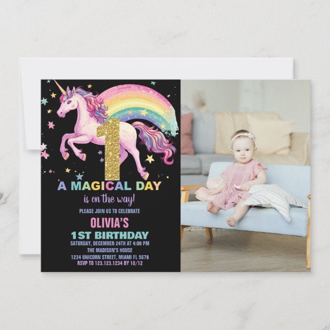 1ère Unicorne Invitations Anniversaire Black w pho (Devant)
