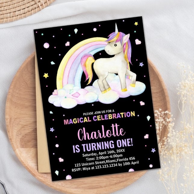 1ère Unicorne noire florale Invitations d'annivers (1st Floral Black Unicorn Birthday Invitations)