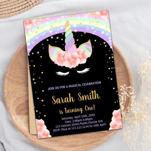 1ère Unicorne rose Invitations d'anniversaire (1st Pink Unicorn Birthday Invitations)
