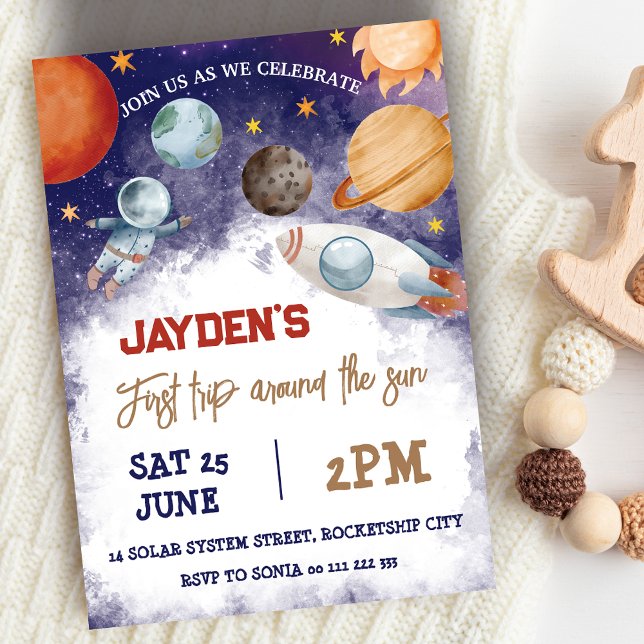 1ère Visite Autour Du Soleil Invitation Anniversai (1st Trip Around the Sun Space Birthday Invitation)