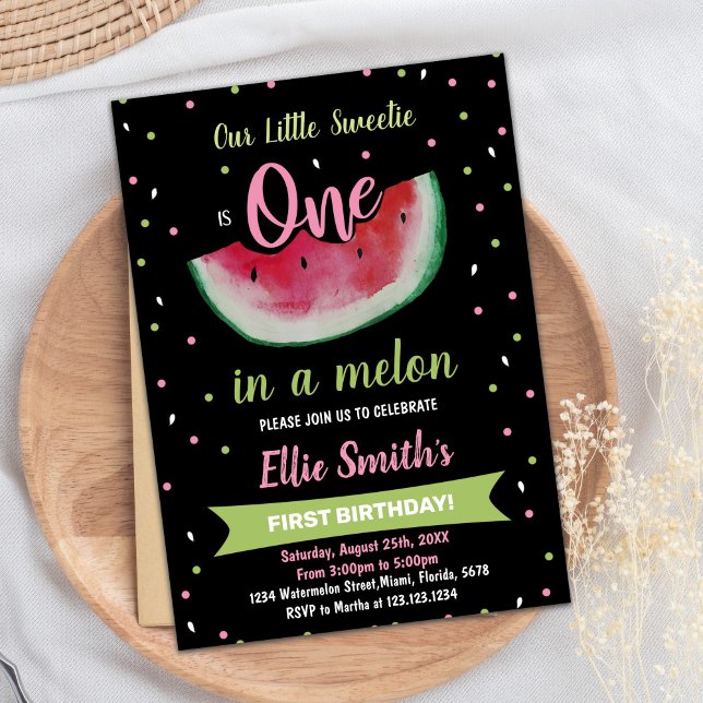 1re Black Green Watermelon Invitations d'anniversa (1st Black Green Watermelon Birthday Invitations)