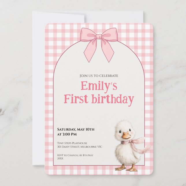 1st Birthday Invitation Gingham Duck Theme Kaart (Devant)