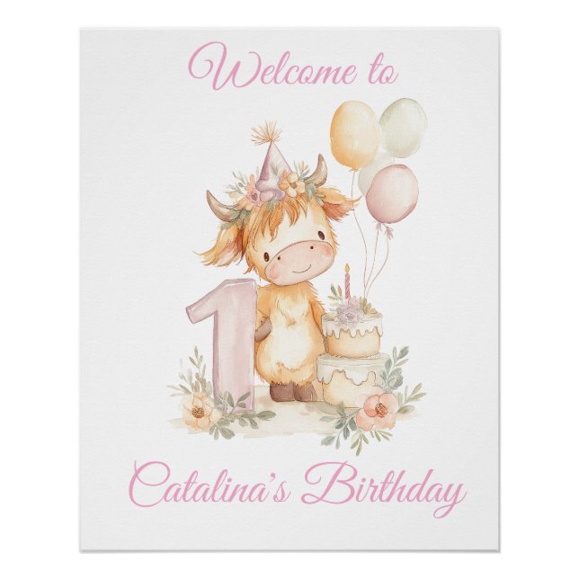 1st Birthday Poster Sign Highland Cow (Devant)