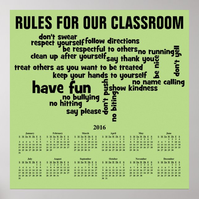 2016 Wall Calendar Rules for Our Classroom Poster (Devant)