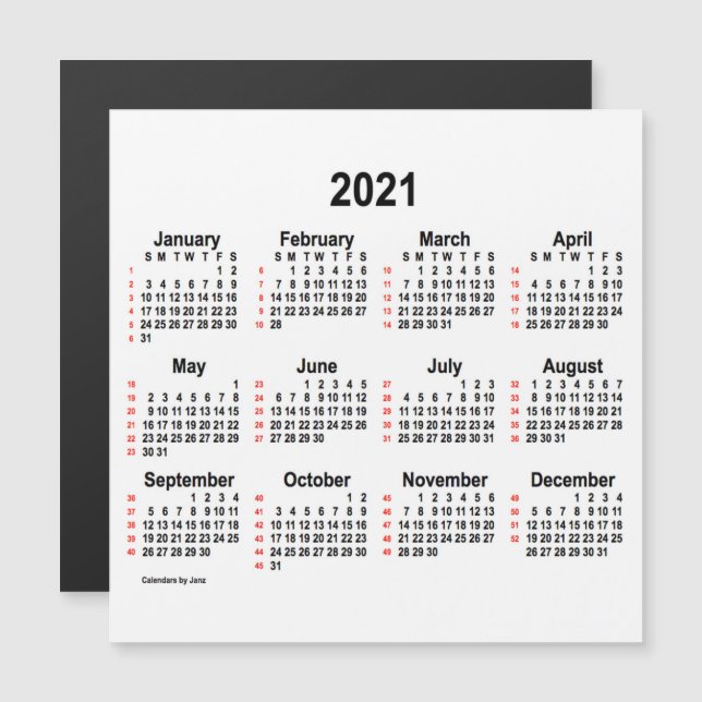 2021 White 52 Weeks Calendar by Janz 5x5 Magnet (Devant / Derrière)